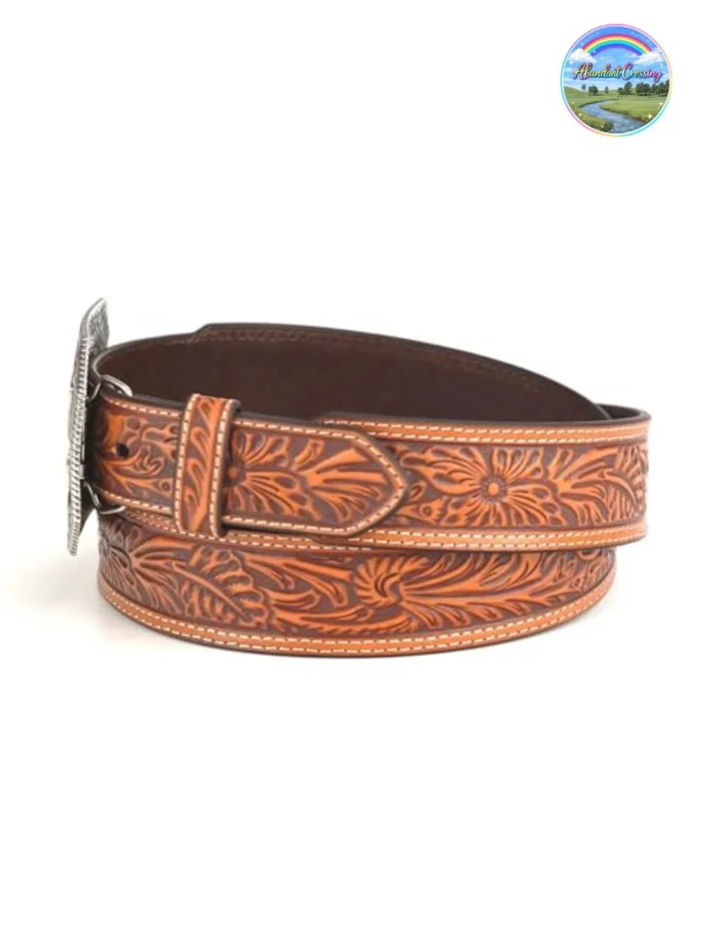 Men's Floral Embossed Leather Belt Tapered Western Two-Tone Buckle
